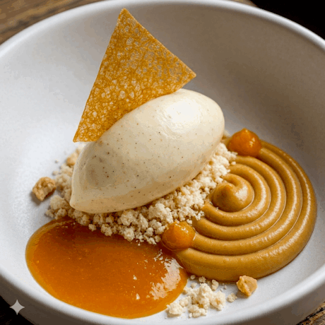 Praliné Salado de Frutos Secos con Caramelo al Ron, Crema Helada y Frutas de Verano