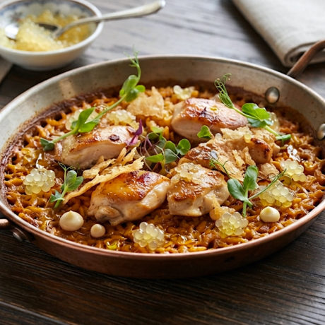 Arroz con Pollo de Corral en Salmorreta, Piel Crujiente y Caviar de Limón