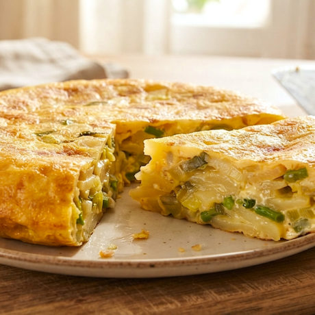 Tortilla de Patata Melosa con Cebolleta, Puerro y Ajetes