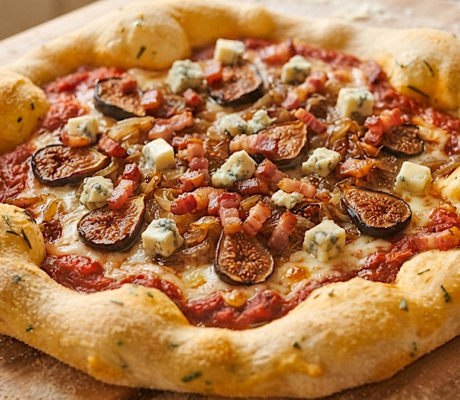 Pizza de Calabaza a los Tres Quesos con Higos Asados y Bacon
