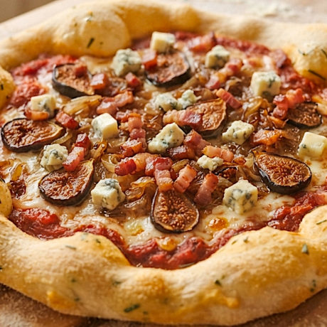 Pizza de Calabaza a los Tres Quesos con Higos Asados y Bacon