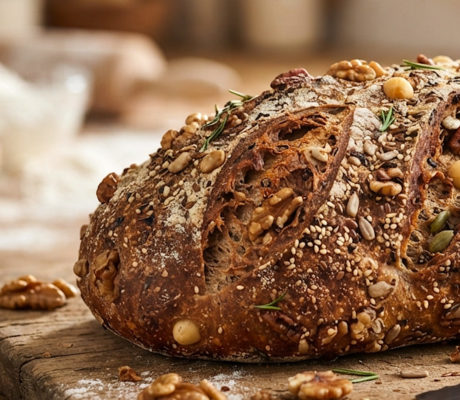Pan de Nueces, Pecanas y Macadamia con Semillas, Tomillo y Romero